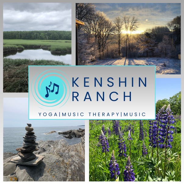 Kenshin Ranch Logo and photographs showing the studio, the nearby view, and people enjoying the studio and classes.