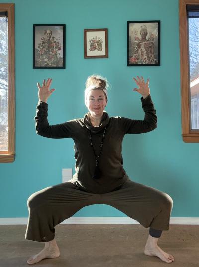 Tish in a yoga pose